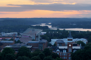 aerial view of Clemson stadium at sunset